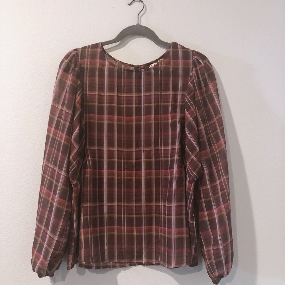 Dolan Plaid Sheer Puff Long Sleeve Blouse